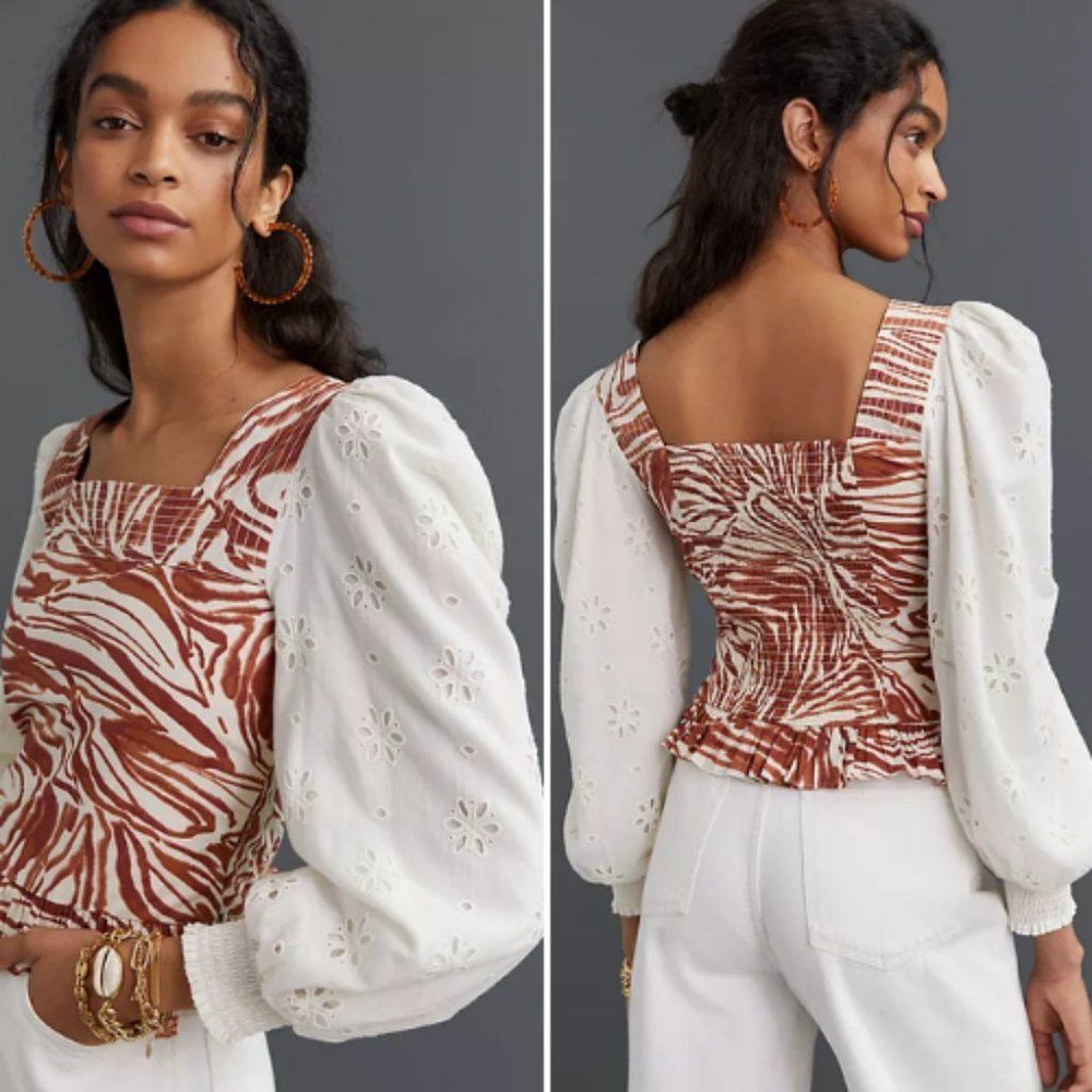 NWT Anthropologie Smocked Puff-Sleeve Blouse | L